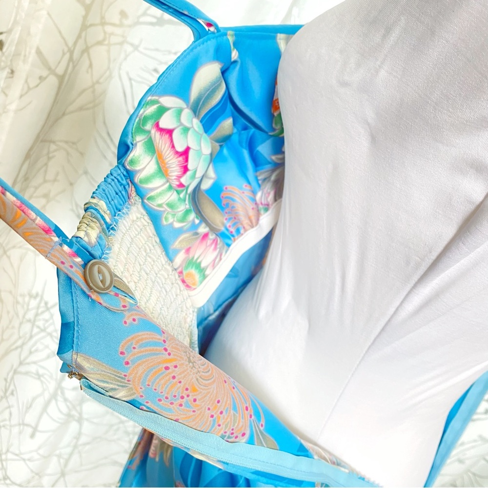 VINTAGE WALTAH CLARKE’S blue pink Hawaiian floral print sleeveless satin dress - Picture 8 of 10